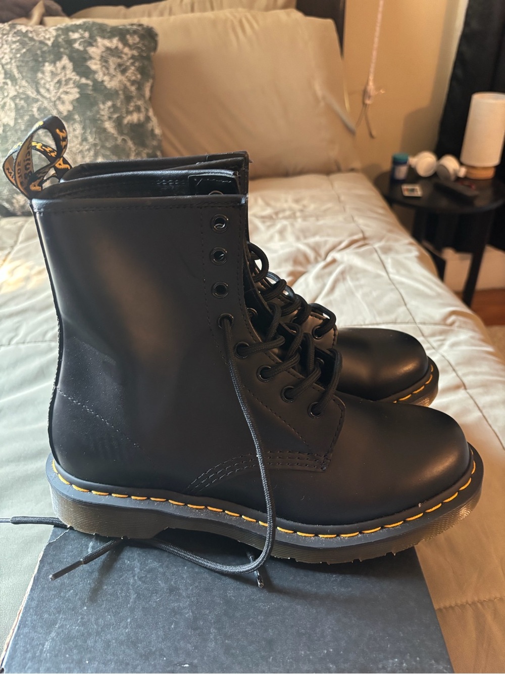 Dr. Martens Black Leather Lace-Up Boots with Yellow Stitching